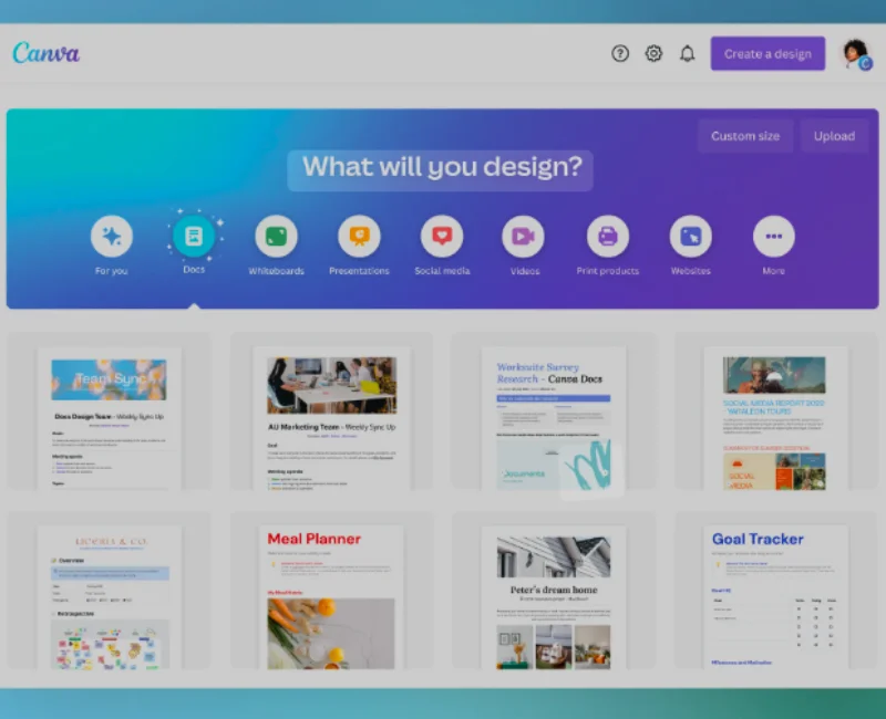 Canva video editor design interface showcasing document templates and design options