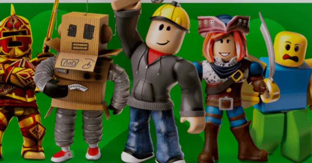 A lineup of colorful Roblox characters in various creative costumes against a green background.