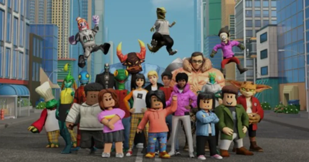 Group of diverse Roblox characters standing and posing in a city street with skyscrapers in the background.