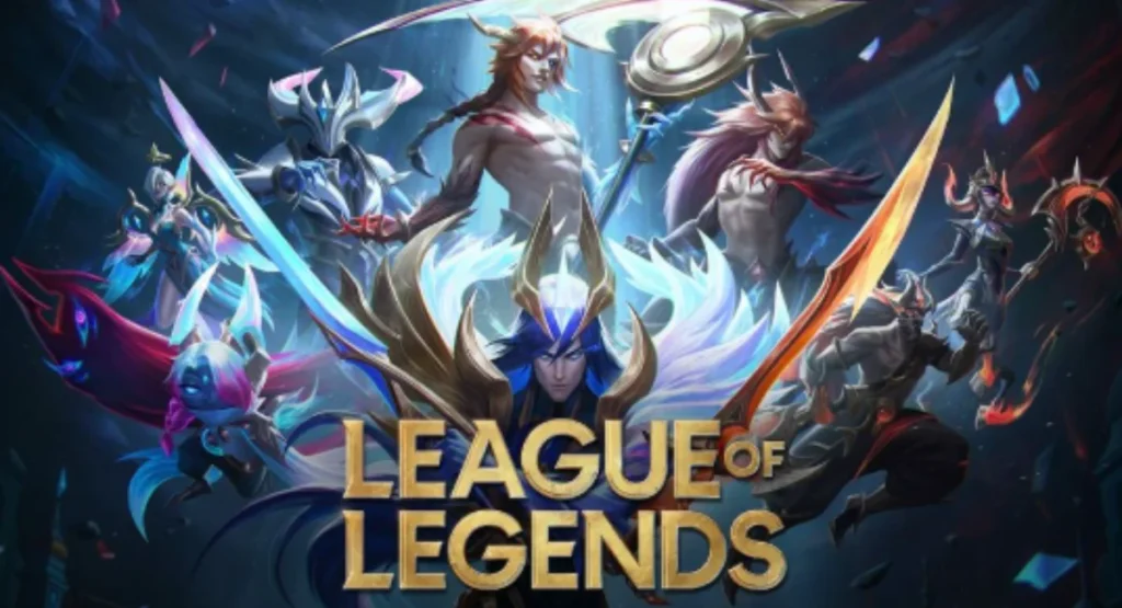 League of Legends game poster featuring multiple fantasy characters wielding weapons with glowing effects.
