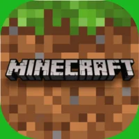Minecraft logo on a pixelated dirt and grass background.