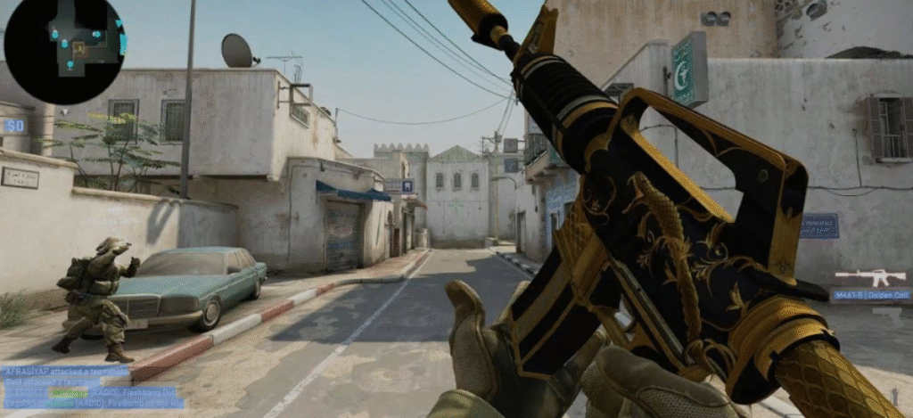 First-person view of a Counter-Strike player holding an M4A1-S Golden Coil skin in a Middle Eastern-themed map.