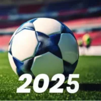 Soccer football on a stadium field with "2025" text overlay