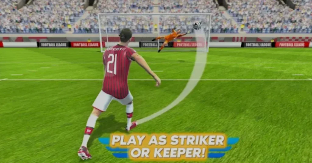 soccer Football game video game scene showing a striker taking a penalty shot with a goalkeeper diving to save.
