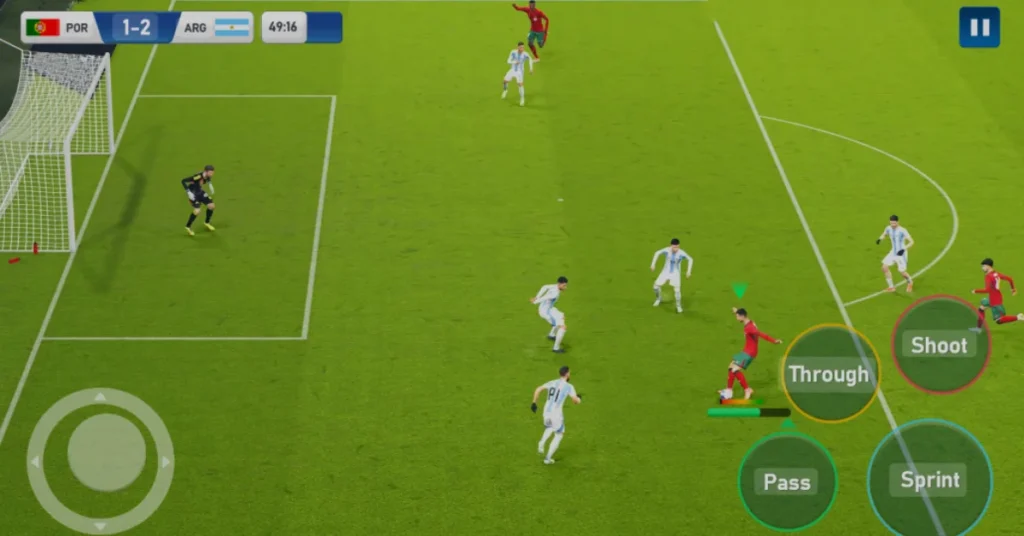 soccer football game Gameplay screenshot of a football video game showing Portugal attacking Argentina’s goal with control buttons visible.