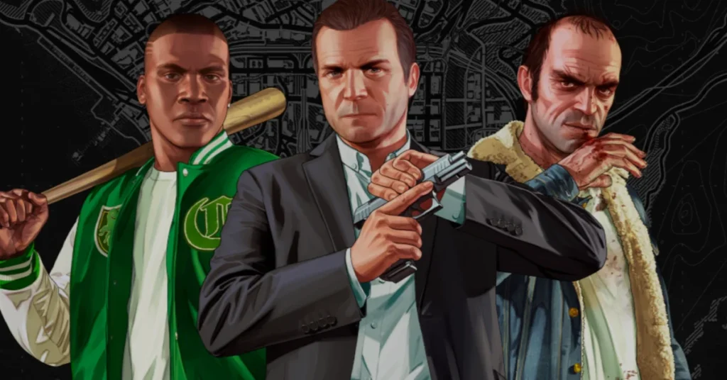 GTA 5 main characters Franklin, Michael, and Trevor standing together with weapons
