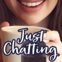 Smiling woman holding a cup with the text "Just Chatting" and a microphone overlay.