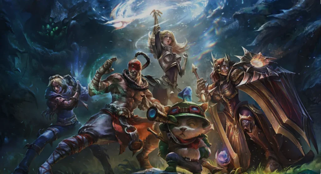 League of Legends champions standing together in a mystical forest with glowing effects.