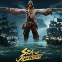 Pirate standing between two ships with "Sea of Conquest" title.