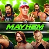 Poster of WWE Mayhem game featuring popular wrestling superstars in a green-themed background.