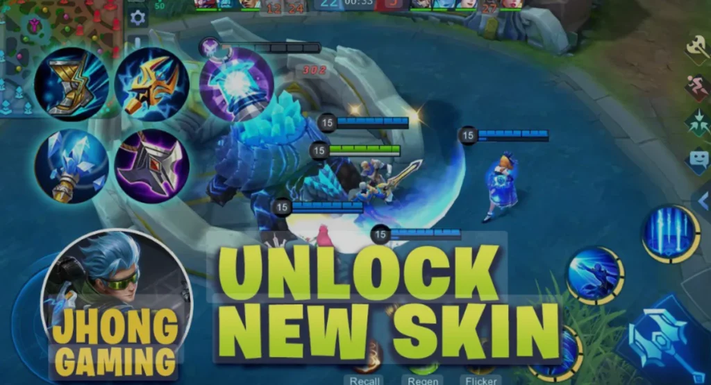 Screenshot from a MOBA game showing a battle scene with the text "Unlock New Skin" and a Jhong Gaming logo.