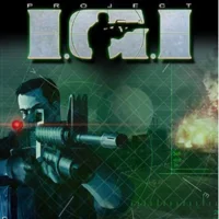 Cover image of the video game Project I.G.I. showing a soldier with a rifle, aiming through a red laser sight, with explosions in the background.